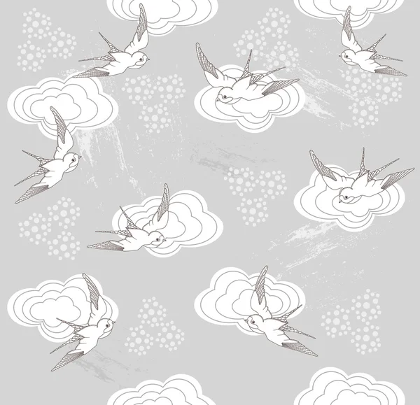 Cute seamless swallow and cloud pattern — Stock Vector