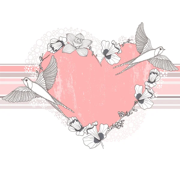 Corazón hecho de flores y pájaros. Tarjeta postal, tarjeta de felicitación — Archivo Imágenes Vectoriales