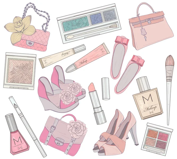 Vrouwen schoenen, tassen, make-up en cosmetische element instellen. — Stockvector