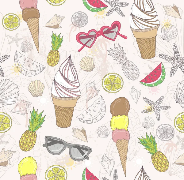 可爱夏季抽象图案。无缝模式与冰淇淋 — 图库矢量图片