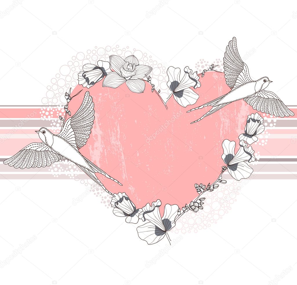 Heart made from flowers and birds. Postcard, greeting card