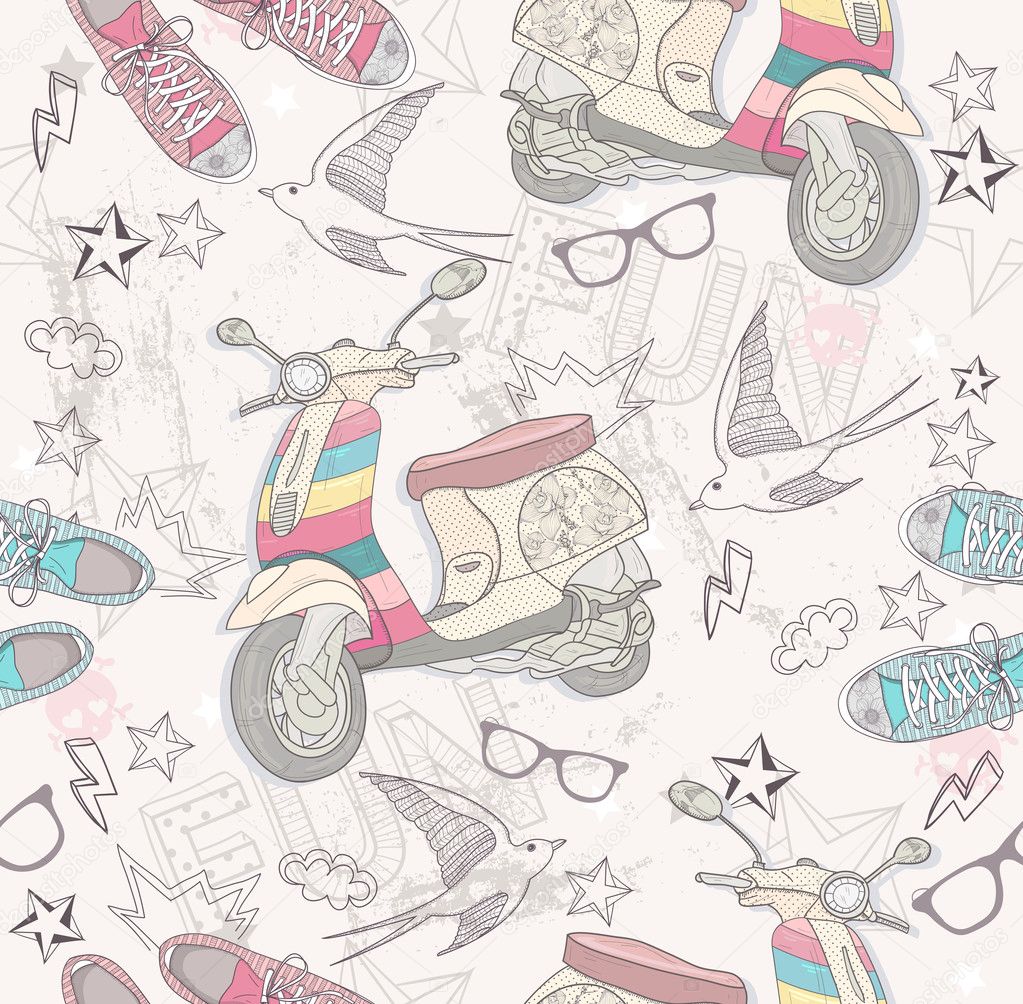 Cute grunge abstract pattern. Seamless pattern with scooters