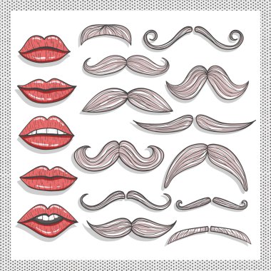 Retro lips and mustaches elements set clipart