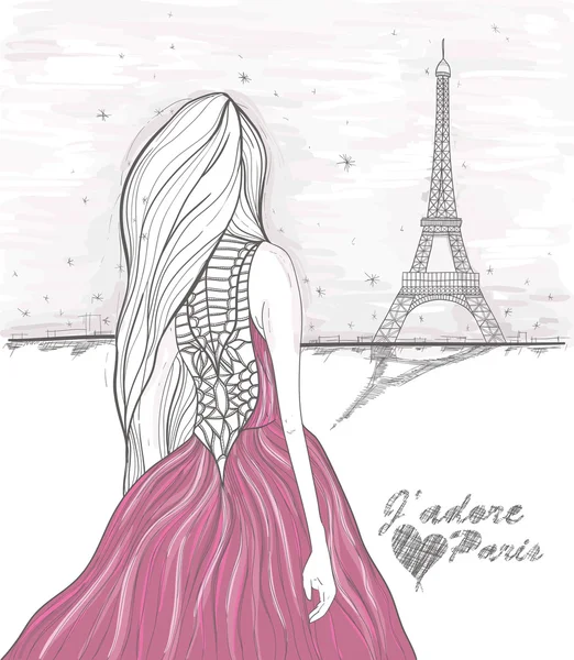La ragazza guarda la torre Eiffel. Cartolina di Parigi disegnata a mano . — Foto Stock