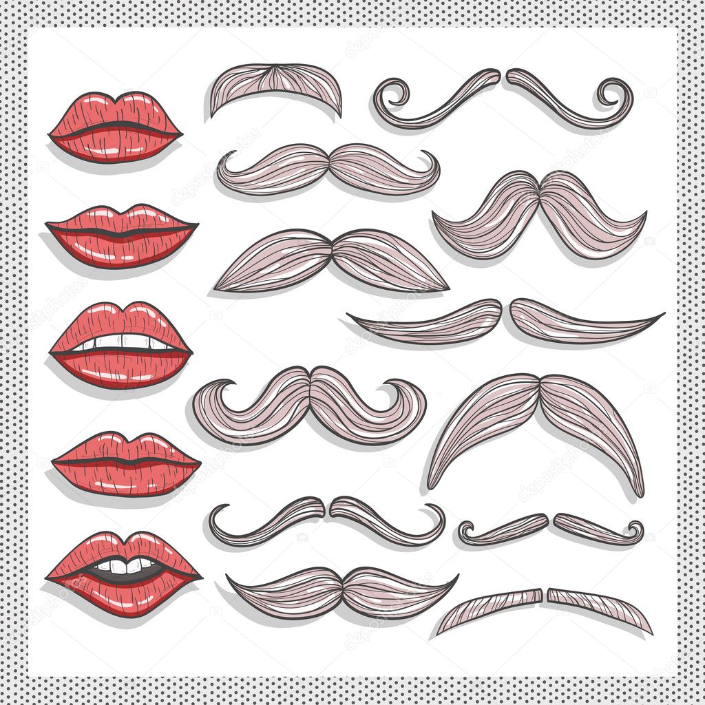 Retro lips and mustaches elements set