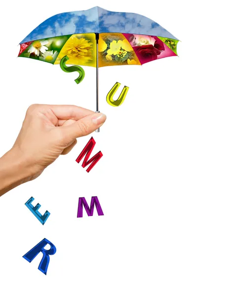 stock image Background with hand, summer umbrella and letters