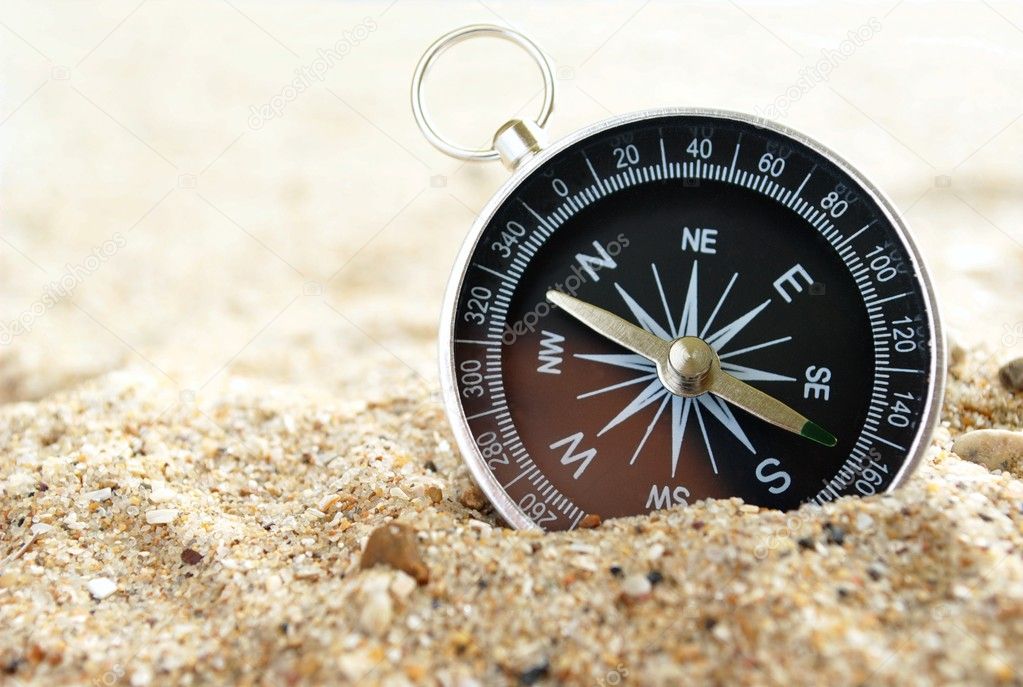 Compass on the sea sand and place for text