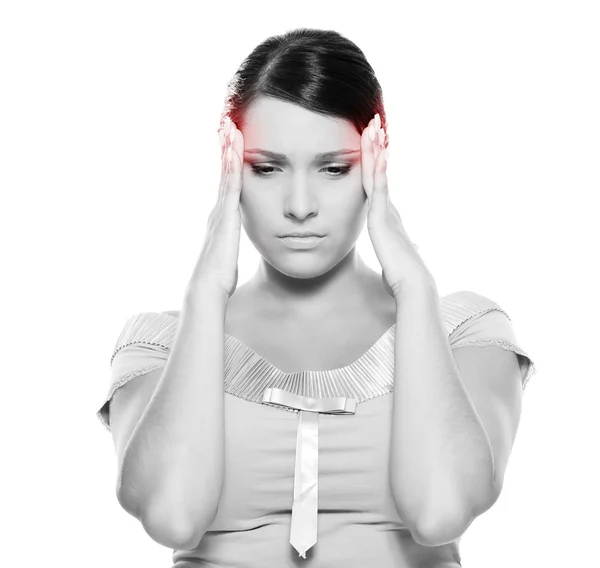 Foto en blanco y negro de mujer joven tiene dolor de cabeza — Foto de Stock