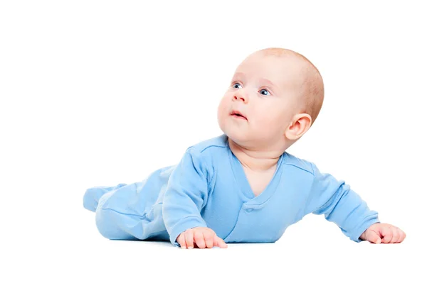Pretty little boy in blue romper suit — Stock Photo, Image