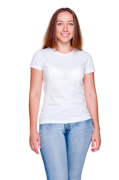 Attractive woman in white t-shirt — Stock Photo, Image