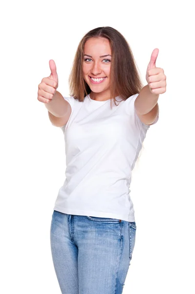 Sukces kobiety w biały t-shirt — Zdjęcie stockowe
