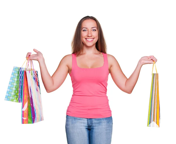 Mujer atractiva sosteniendo bolsas de compras — Foto de Stock