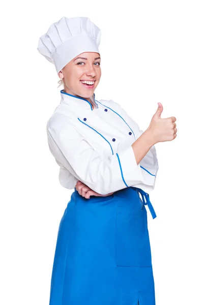 Cheerful young cook showing thumbs up — Stock Photo, Image