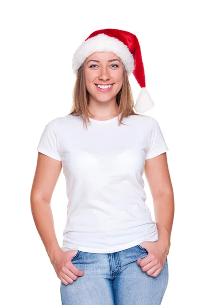 Рождественская женщина в белой футболке — стоковое фото