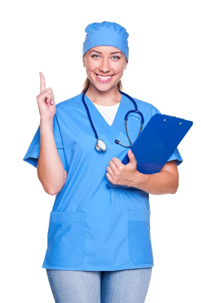 Doctora mujer con el dedo en alto —  Fotos de Stock