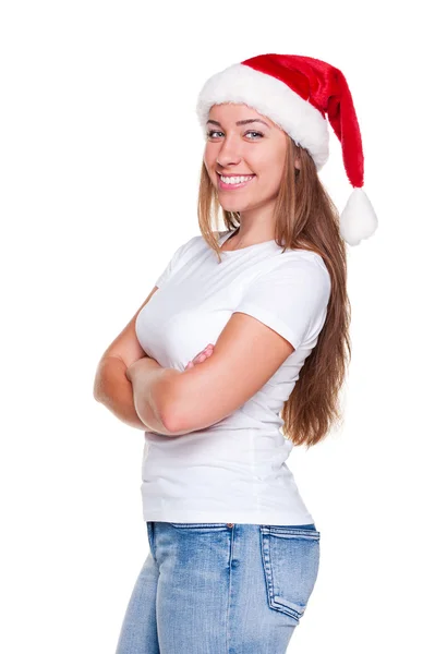在圣诞老人帽子很高兴女人 — 图库照片