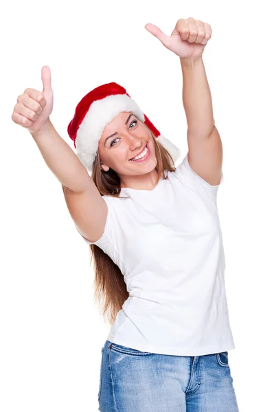 Glückliche Weihnachtsfrau im weißen T-Shirt — Stockfoto