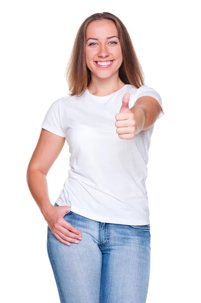 Smějící se žena v bílé tričko — Stock fotografie