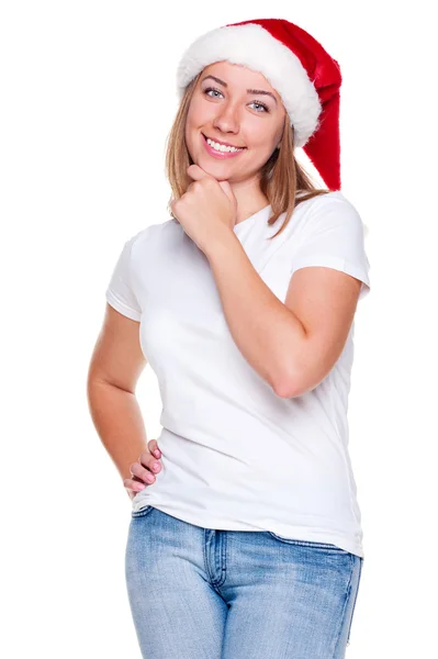 Pensivo sorridente mulher em santa chapéu — Fotografia de Stock