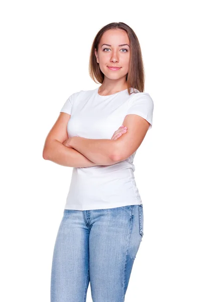 Mulher sorridente em t-shirt branca — Fotografia de Stock