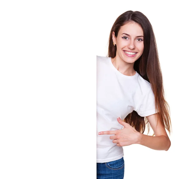 Woman pointing at empty blank — Stock Photo, Image