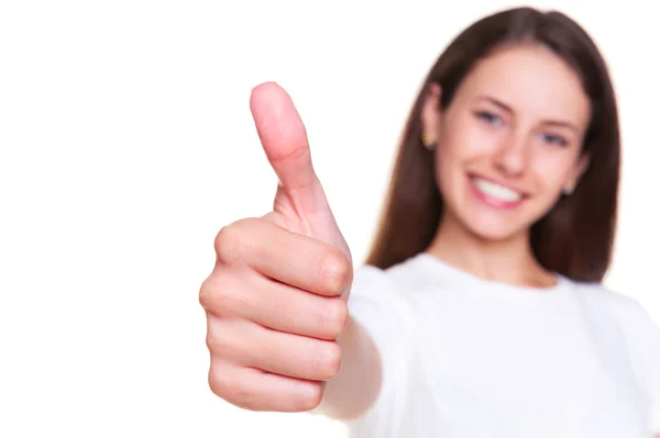 Szczęśliwa młoda kobieta Wyświetlono kciuk w — Zdjęcie stockowe