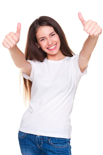 Radosny młoda kobieta w t-shirt — Zdjęcie stockowe
