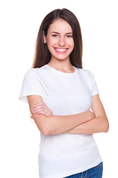 Жінка в білій футболці стоїть — стокове фото