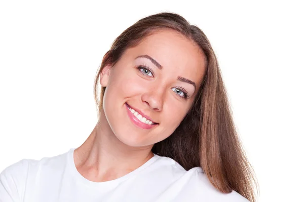 Усміхнене жіночий над білим тлом — стокове фото