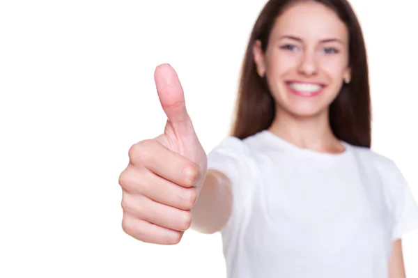 Happy woman showing thumbs up — Stock Photo, Image