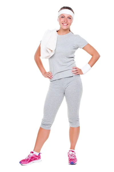 Mujer Smiley fitness con toalla — Foto de Stock