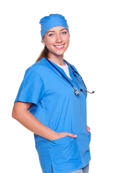 Smiley orvos파란색 유니폼을 입고 웃는 간호사 — 스톡 사진