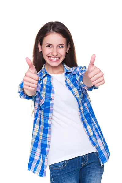 Woman laughing and showing thumbs up — Stock Photo, Image