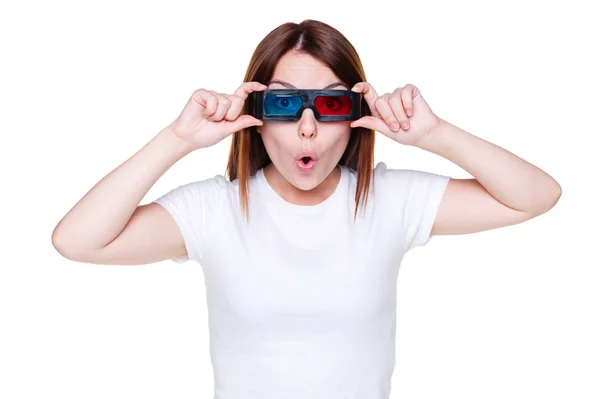 Amazed girl in stereo glasses — Stock Photo, Image