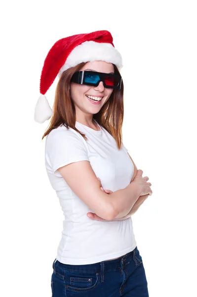 性格开朗的女孩在圣诞老人帽子和 3d 眼镜 — 图库照片