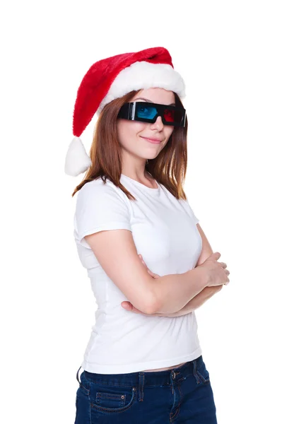 Рождественская женщина в 3D очках — стоковое фото