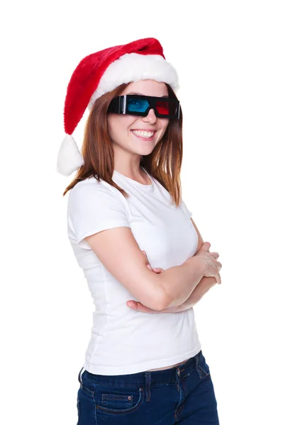 Girl in santa hat and 3d glasses. — Stock Photo, Image