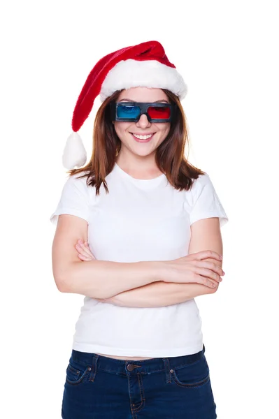 Ragazza felice in cappello di Babbo Natale e occhiali stereo — Foto Stock