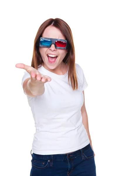Emocjonalne młoda kobieta w stereo okulary — Zdjęcie stockowe