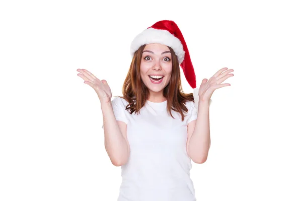 Entzückte junge Frau mit Weihnachtsmann-Hut — Stockfoto