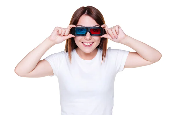 Nő keres lemezjátszó szemüveg — Stock Fotó