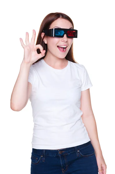 Donna in occhiali 3d mostrando segno ok — Foto Stock