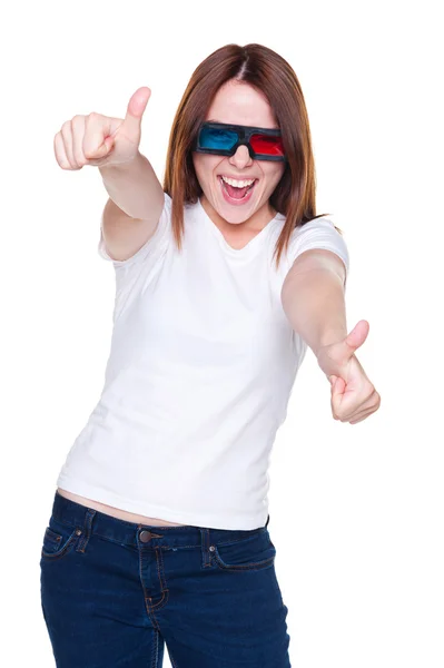 Žena v 3d brýle ukazuje palec — Stock fotografie