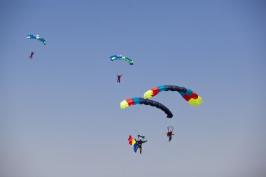 Group of parachutists landing during a aerial demonstration clipart