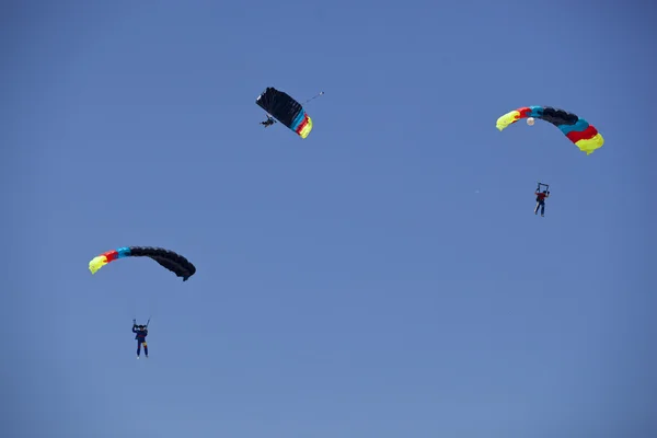 Group of parachutists landing during a aerial demonstration — Stock Photo, Image