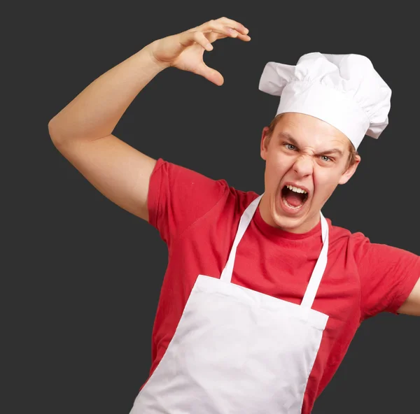 Retrato de jovem cozinheiro vestindo avental fazendo gestos agressivos — Fotografia de Stock