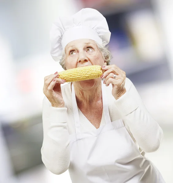 Mulher sênior cozinheiro comer um espiga de milho, indoor — Fotografia de Stock