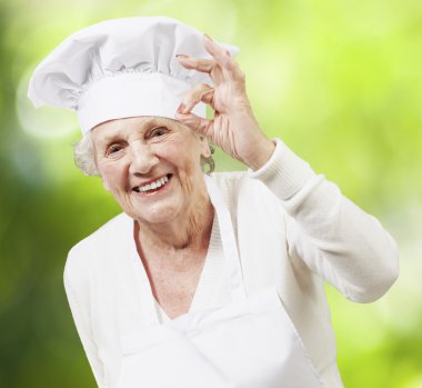 Senior woman cook doing an excellent symbol against a nature bac clipart