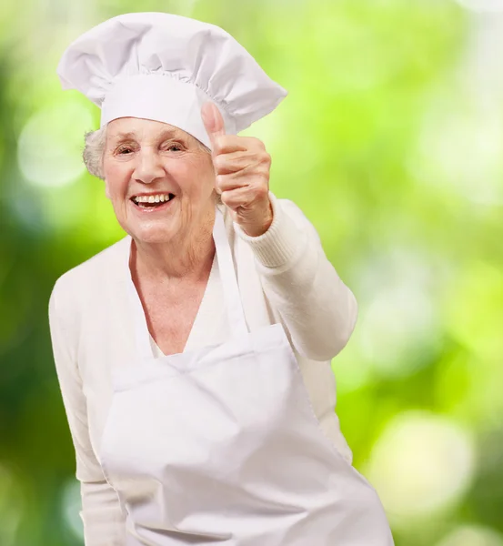 Retrato de cocinera mujer mayor haciendo buen gesto contra un natur — Foto de Stock