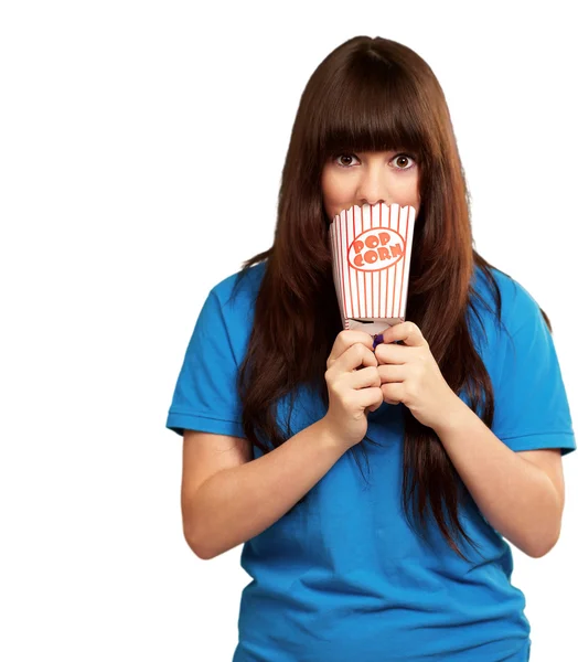 Meisje bedrijf leeg popcorn packet — Stockfoto